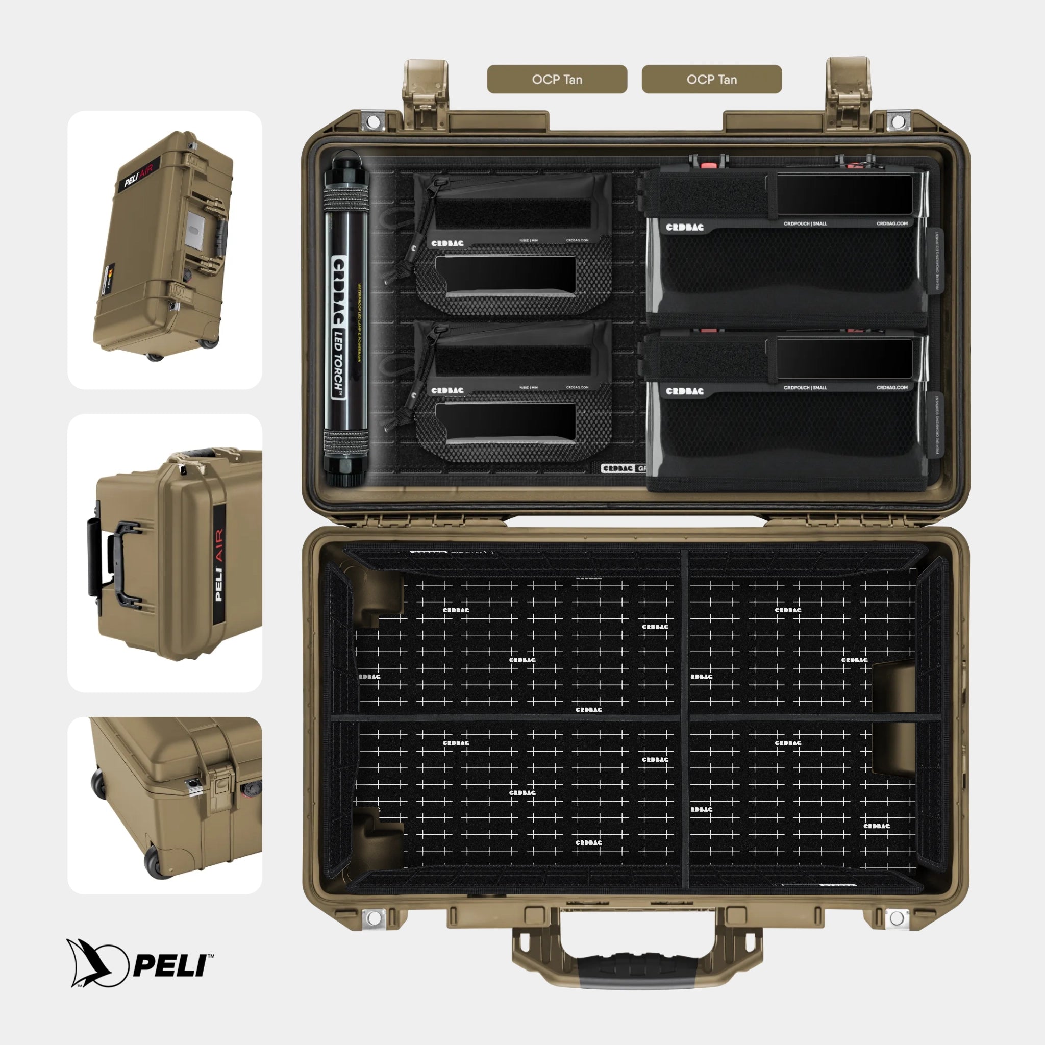Peli 1535 Air case OCP Tan with CRDBAG MOLLE Panel GRID-LID organizer and GRID-DIVIDE divider system