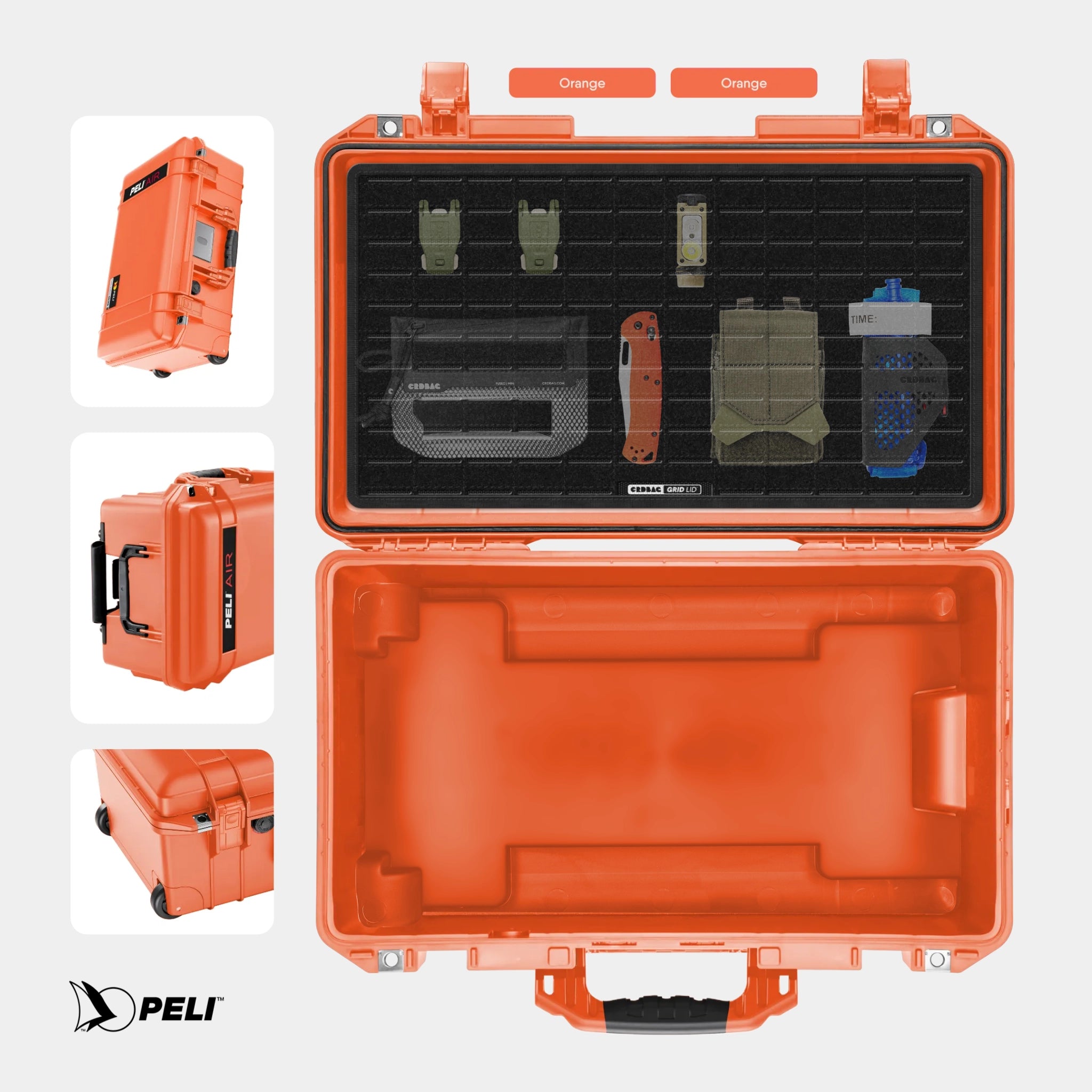 Peli 1535 Air case Orange with CRDBAG MOLLE Panel GRID-LID organizer